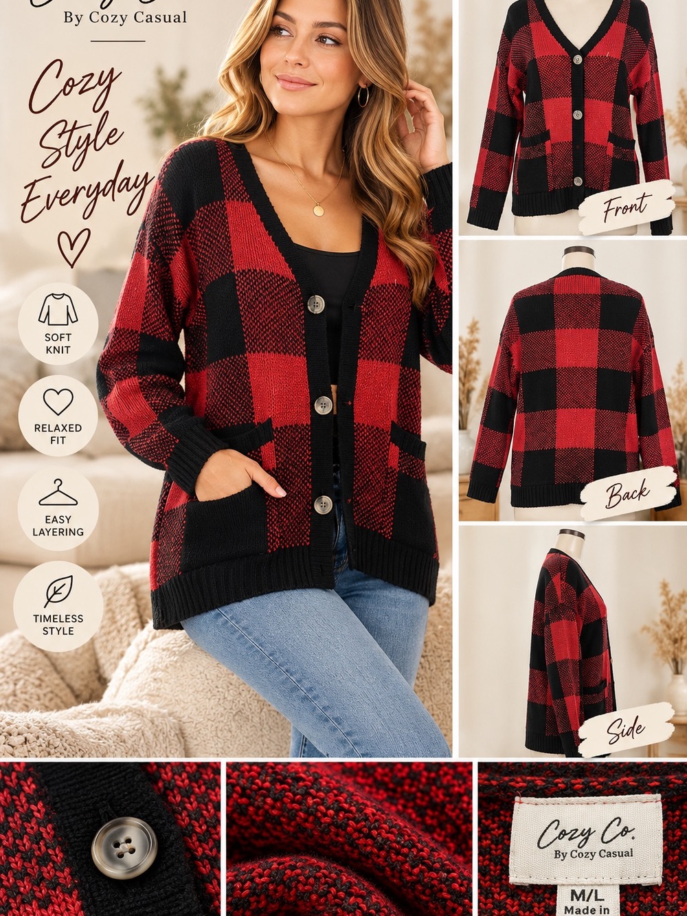 Cozy Co Buffalo Plaid Cardigan Women’s M/L Red Black Button Front Sweater